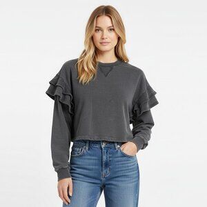 NWT 7 For All Mankind Grey Ruffle Shoulder Sweatshirt Crewneck Elevated Basic